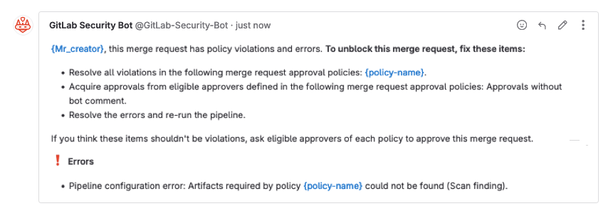 Example bot message showing vulnerabilities detected by security scans.